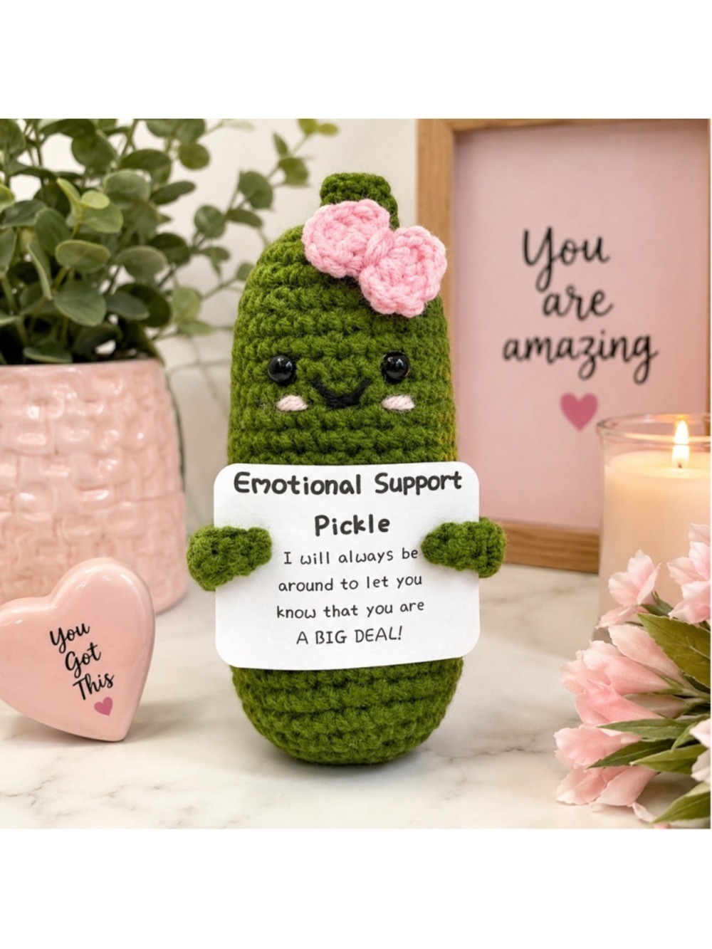 Emotional Support Pickle Crochet Plush w/ Motivational Sign Handmade Style
